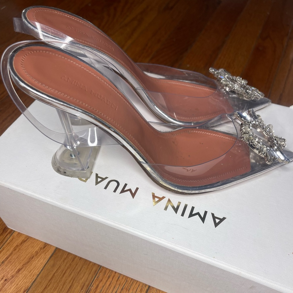 Amina Muaddi glass shoes heels clear size 8